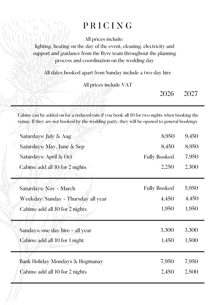 list of prices for the hire of the venue and to stay in kinkell cabins