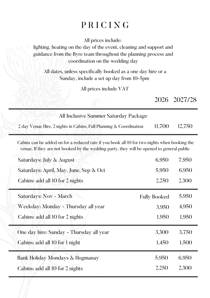 list of pricing for venue hire for 2026 - 2028